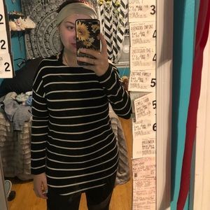 Black and white striped cold shoulder sweater